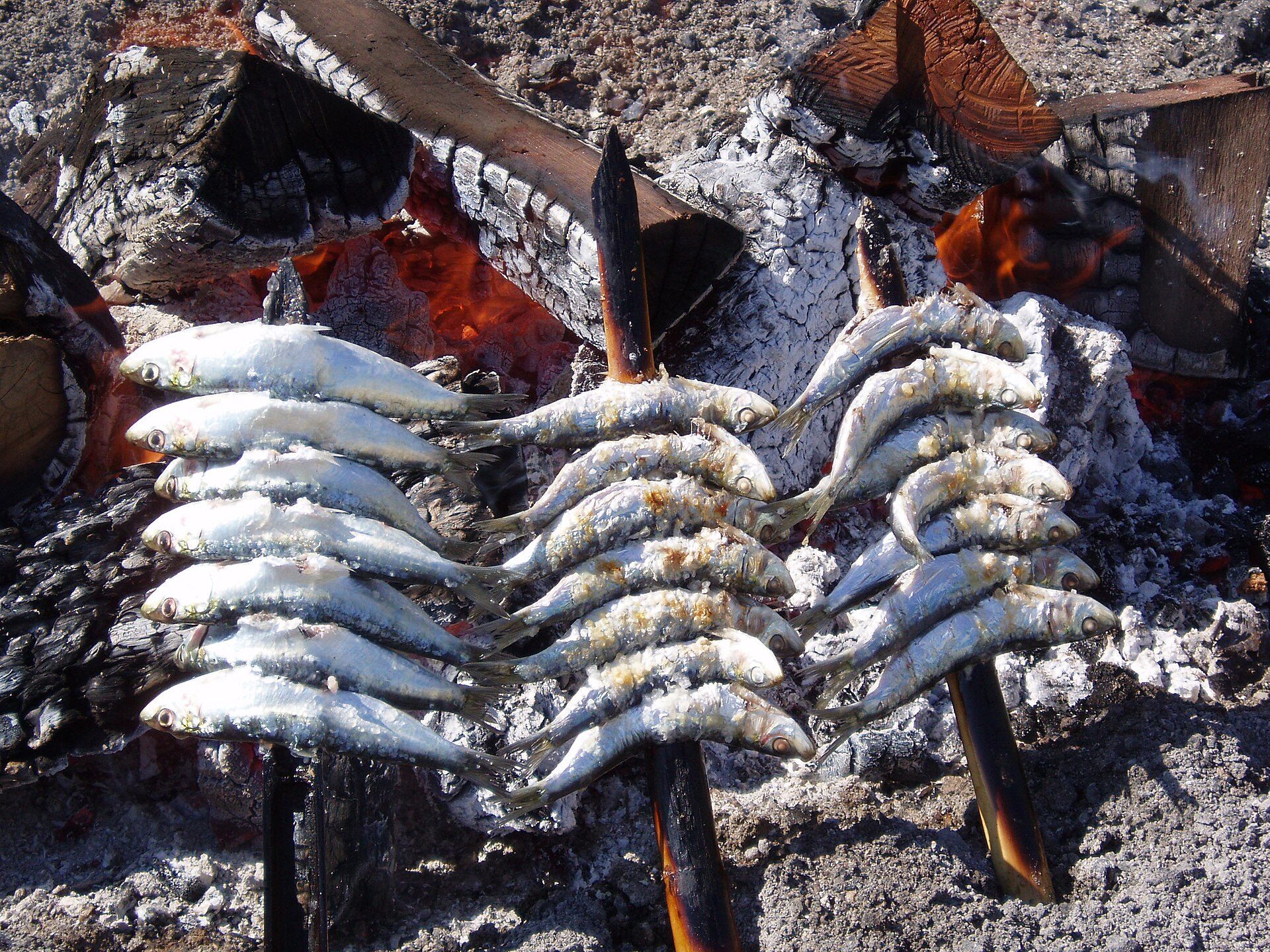 Espetos de sardinas asándose en las brasas, en la playa